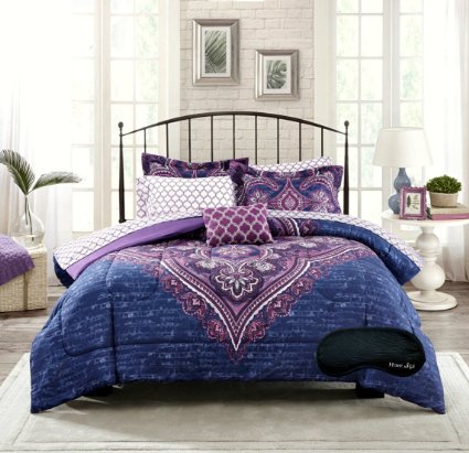 New! Boho Chic Paisley Medallion Damask Blue Purple Twin / Twin XL Teen Girls Comforter, Shams, Sheet Set, Toss Pillow  BONUS Home Style Sleep Mask! (7 Pc. Bedding Bundle) (Twin/Twin XL))