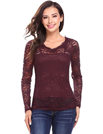 Women Casual Long Sleeve Slim Floral Lace V Neck Long Sleeve Shirt Top