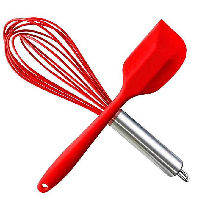 HauBee Kitchen Wire Balloon Silicone Whisk Set 600ºF Heat Resistant Non Stick Rubber Stainless Steel Seamless Design Baking Cooking Spatulas Tools (2 Pack,Red)