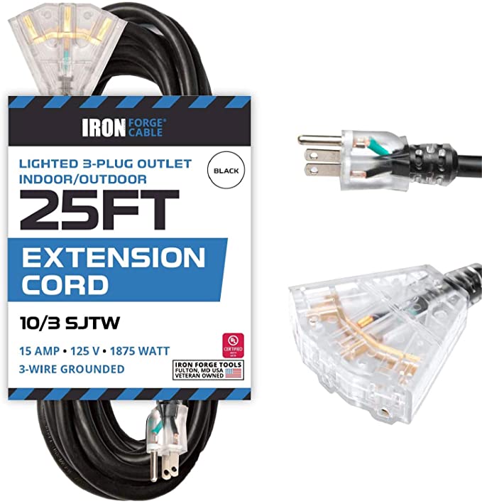 25 Foot Outdoor Extension Cord with 3 Electrical Power Outlets - 10/3 SJTW Black 10 Gauge Extension Cable with 3 Prong Grounded Plug for Safety, 15 AMP