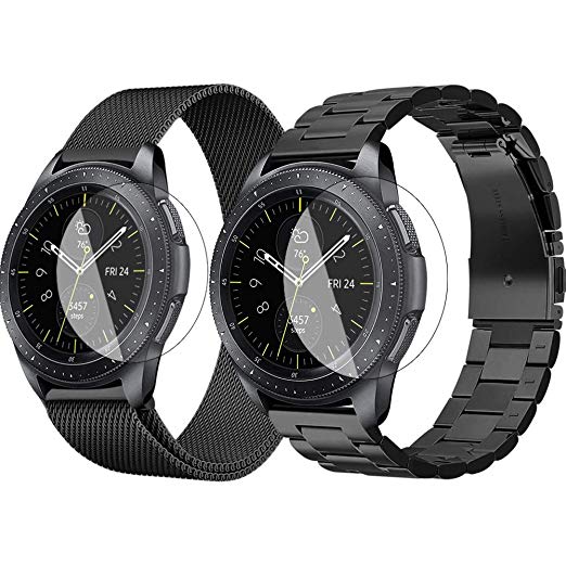 Oitom Stainless Steel Bands Compatible with Samsung Galaxy Watch 42mm /Gear Sport Women Men,Pack 2 Solid Metal Strap Watch Band with 2pcs Screen Protector(Small Black)