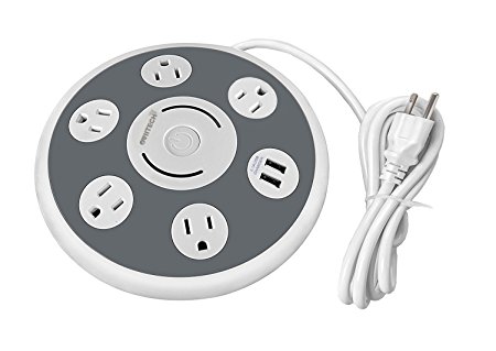 OviiTech Smart UFO Shape Charging Station,Surge Protector Multi-Outlet Power Strip with 5 Ac Plugs and 2 USB Charging Ports Socket,Home/Office Use,ETL Certified, White,3 Foot Cord.