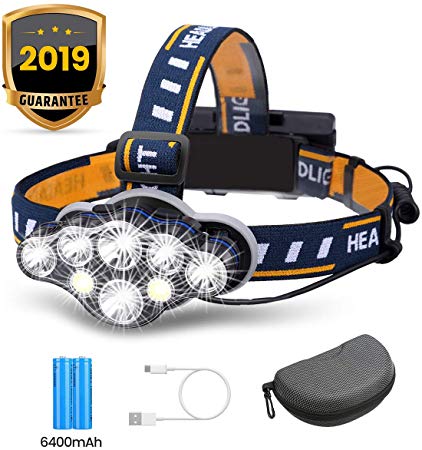 Rechargeable Headlamp, OUTERDO 8 LED Headlamp Flashlight 13000 Lumens 8 Modes with USB Cable 2 Batteries, Waterproof LED Head Torch Head Light with Red Light for Camping Fishing, Car Repair, Outdoor