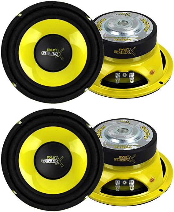 Pyle PLG64 6.5" 1200W Car Audio Mid Bass/Midrange Subwoofer Speaker Set, 2 Pair with Yellow CD P.P. Cone, 4 Ohm Impedance, and Edge Suspension