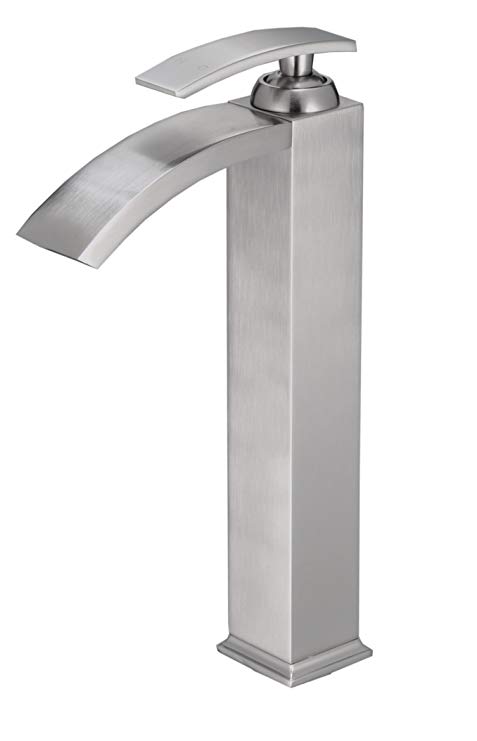 BWE Waterfall Spout Single Handle One Hole Bathroom Vessel Sink Faucet Nickel Brushed Tall body Deck Mount