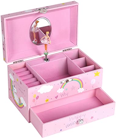 SONGMICS Unicorn Ballerina Musical Jewelry Box, Music Box with Pullout Drawer, Ring Slots and Divided Compartments, The Unicorn Melody, Pink UJMC012PK