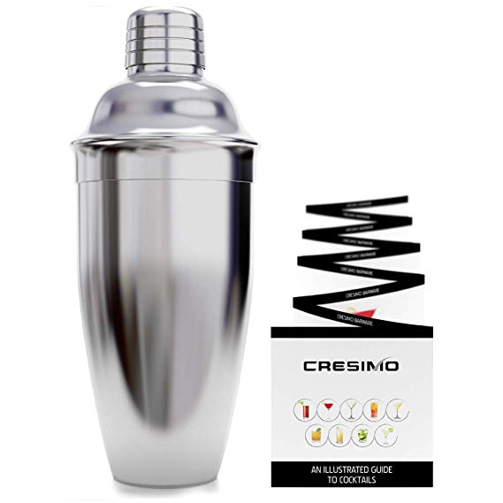 CRESIMO 24 Ounce Cocktail Shaker Plus Drink Recipes Booklet - Professional Stainless Steel Bar Tools - Built-in Bartender Strainer
