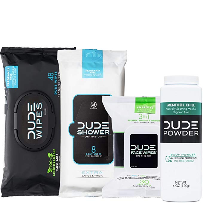 DUDE Wipes Flushable (48ct) DUDE Shower Body Wipes (8ct) DUDE Face Wipes (30ct) & DUDE Body Powder Menthol Chill (1 Bottle) - Head to Toe Ultimate DUDE Combo