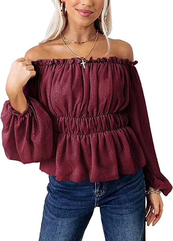 MASCOMODA Women's Off The Shoulder Tops Lantern Long Sleeve Solid Color Chiffon Smocked Ruffle Blouse Shirts Peplum Tops