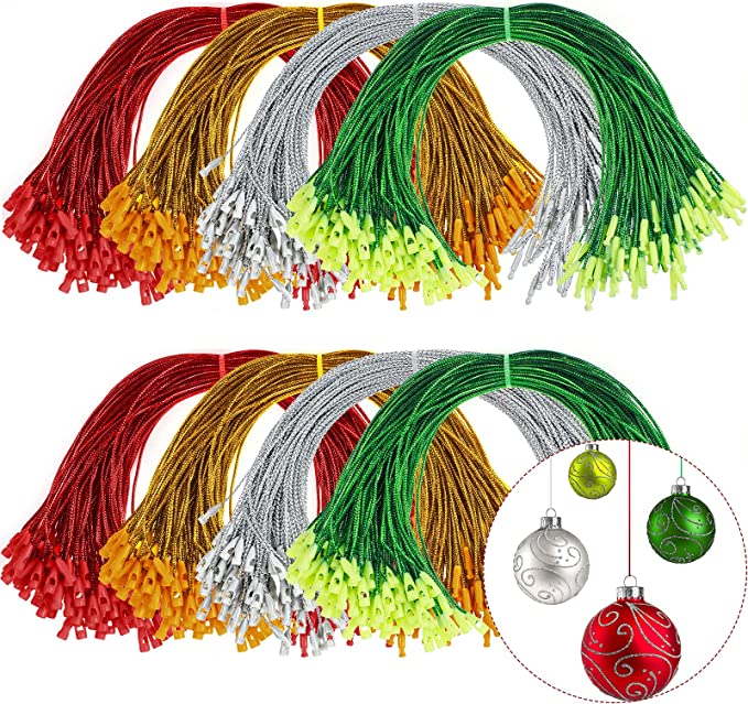 1000 Pieces Christmas Ornament Precut Cord Hangers with Snap Fastener Polyester Precut Hanging Ropes for Christmas Tree Holiday Party Hanging Decoration Strings (Gold, Silver, Red, Green)