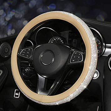 Coofig New Girly Diamond Steering Wheel Cover,With Soft PU Leather Bling Bling Rhinestones,15" (Beige-White Rhinestone)