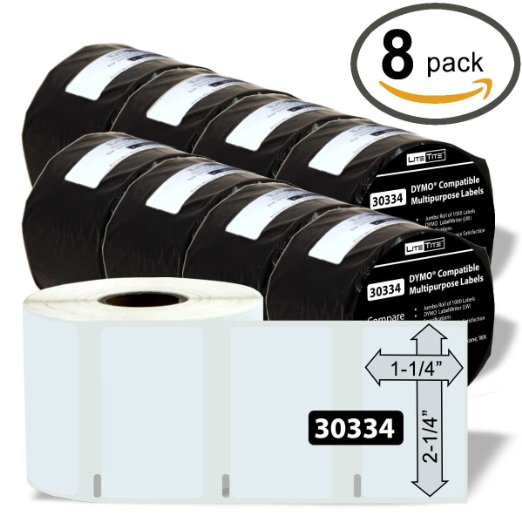 LiteTite 30334 (8 Rolls) DYMO LabelWriter (LW) Compatible Multipurpose Labels, 1-1/4 x 2-1/4 Inches, White, Blank, 8-Pack (LT30334)