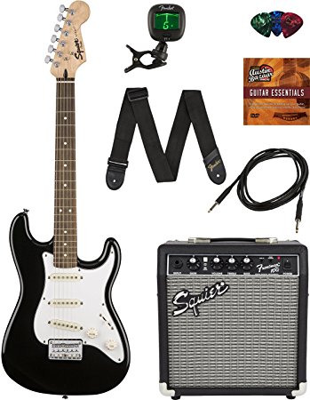 Squier by Fender Stratocaster Pack with Frontman 10G Amp, Cable, Strap, Picks, and Online Lessons - Black Bundle with Austin Bazaar Instructional DVD