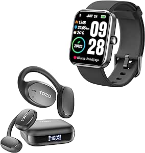 TOZO OpenEgo True Wireless Open Ear Headphone Black S2 44mm Smart Watch