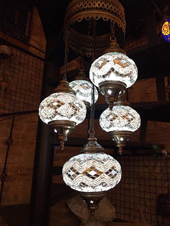 (Choose from 12 Designs) Turkish Moroccan Mosaic Glass Chandelier Lights Hanging Ceiling Lamps (5 Globes 7" (c))