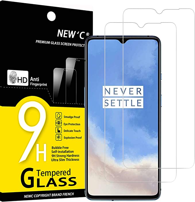 NEW'C 2 Piezas, Protector Pantalla para OnePlus 7T, Cristal templado Antiarañazos, Antihuellas, Sin Burbujas, Dureza 9H, 0.33 mm Ultra Transparente, Ultra Resistente