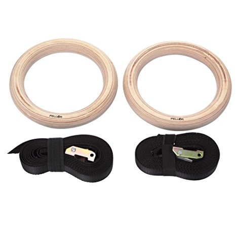 Pellor Wooden Gymnastic Rings Gym Workout Exercise with Buckles Straps