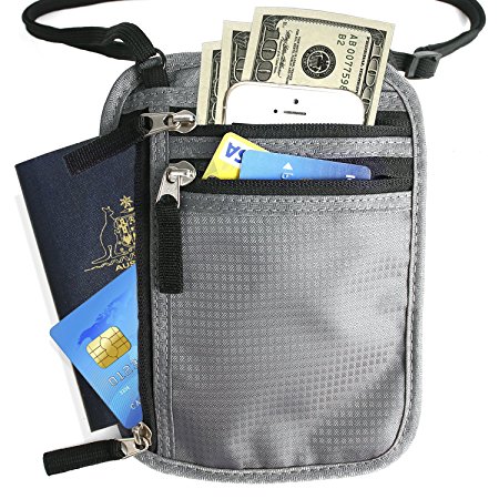 Travel Neck Pouch Passbook Holder Anti-theft Security Wallet with Adjustable Durable Strap with RFID-Blocking