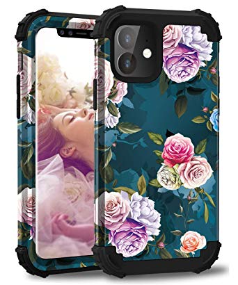 PIXIU iPhone 11 case 6.1 inch Floral,Three Layer Heavy Duty Shockproof Protective Soft Silicone Hard Plastic Bumper Sturdy Case Cover for iPhone iPhone 11 2019 Rose Flower