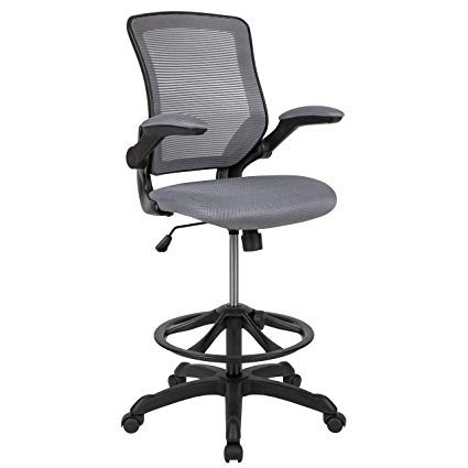 Flash Furniture Mid-Back Dark Gray Mesh Ergonomic Drafting Chair with Adjustable Foot Ring and Flip-Up Arms -
