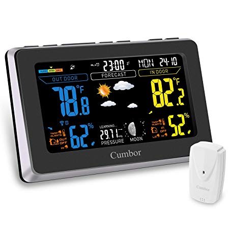 Cumbor Weather Stations with Wireless Indoor Outdoor Sensor, Digital Color Forecast Temperature & Humidity Alerts, Pressure, Alarm Clock, Black