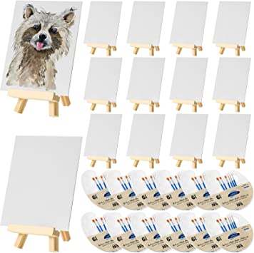 120 Pcs Painting Set with Easels Includes 12 Wood Easels, 24 Painting Canvas, 72 Nylon Hair Brushes and 12 Plastic Palettes with Thumb Hole, Art Painting Supplies Kit for Kids Adults Students