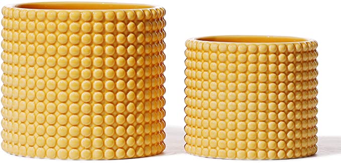 Yellow Ceramic Vintage Style Hobnail Patterned Planter Pots - 6 and 5 Inch Containers with Watering Drain Plug for Indoor Succulent Plants or Flowers