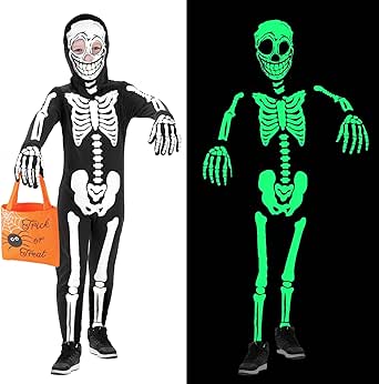 FAYBOX Skeleton Costume for Kids Boys,Glow in The Dark Halloween Costume Skeleton Onesie for Toddler