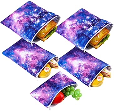 5 Pieces Reusable Sandwich and Snack Bags Safe, Snack Bags with Zipper for Store Preserves, Snacks and Sandwiches, with 2 Large 2 Medium and 1 Small Bags (Galaxy Loop Pattern)