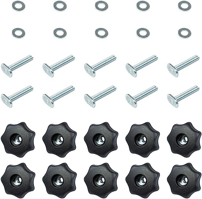 POWERTEC 71481 T-Track Knob Kit W/ 7 Star Threaded 1/4-20 Knobs, T-Bolts and Washers for Woodworking Jigs and Fixtures – 10 Pack