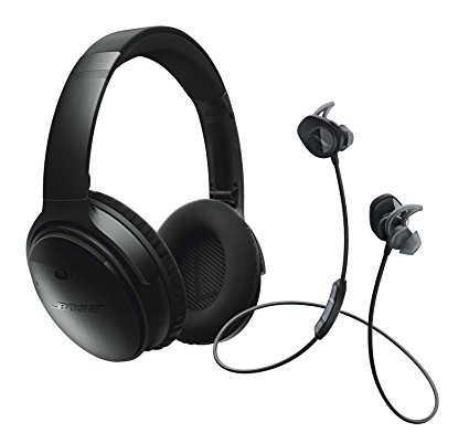 Bose QuietComfort 35 Noise Cancelling Over-ear (Black) & SoundSport In-ear (Black) Wireless Bluetooth Headphone Bundle