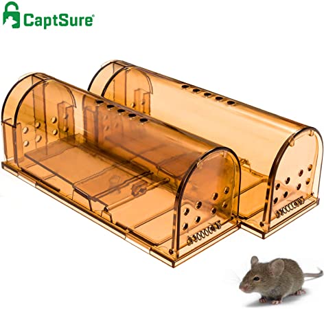 Upgraded CaptSure Humane Smart Mouse Trap, Live Catch and Release, Kids/Pet Safe, Easy to Set, for Indoor/Outdoor, Reusable Cage Box, for Small Rodents/Voles/Hamsters/Moles Catcher That Works. 2 Pack