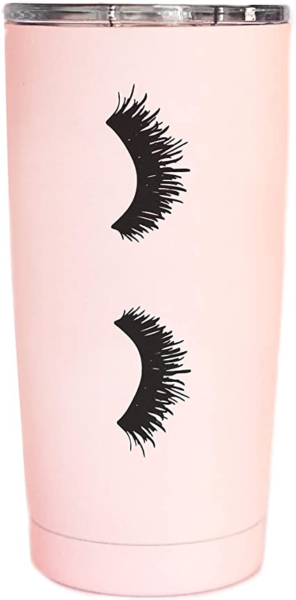 Sweet Water Decor Eyelash Travel Mug Pink 17oz Stainless Steel with Lid Hot or Cold Drink Lashes Cups Tea Makeup Mug Novelty Tumblers Girly Commuter Cup Chic Office Decor Fashionable