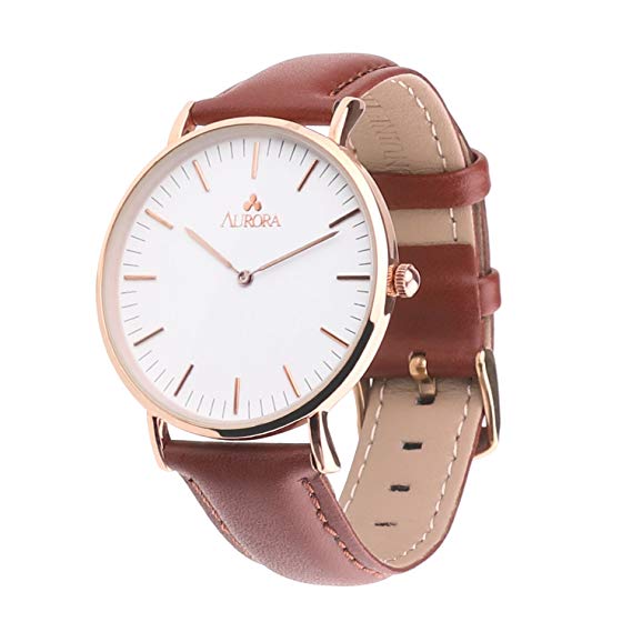 Aurora Women's Stainless Steel Retro Casual Round Dial Quartz Analog Wrist Watch with Brown Leather Band-Rose Gold
