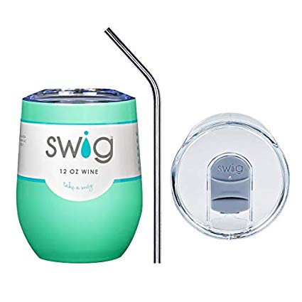 Swig Authentic Classic 12oz (ounce) Wine Tumbler Cup Mug Combo with Sliding Spill Proof Lid and Custom Engraved Stainless Steel Straw (Mint)