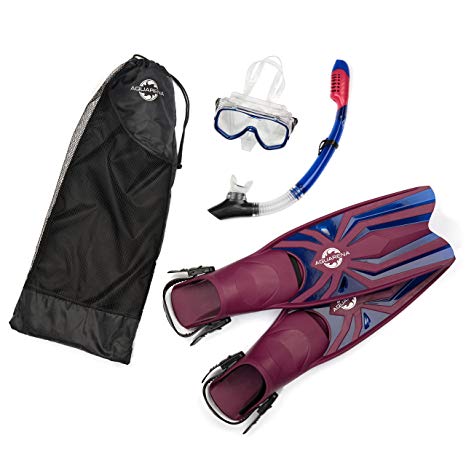 Snorkel Gear Set By Aquarena - Premium, Durable Materials In Maroon & Blue Colors-Included Are Dry Top Snorkel, Fins & Tempered Diving Mask-Adjustable & Easy To Use For Professionals ,Beginners Snorkeling,Spearfishing,Scuba,Divers