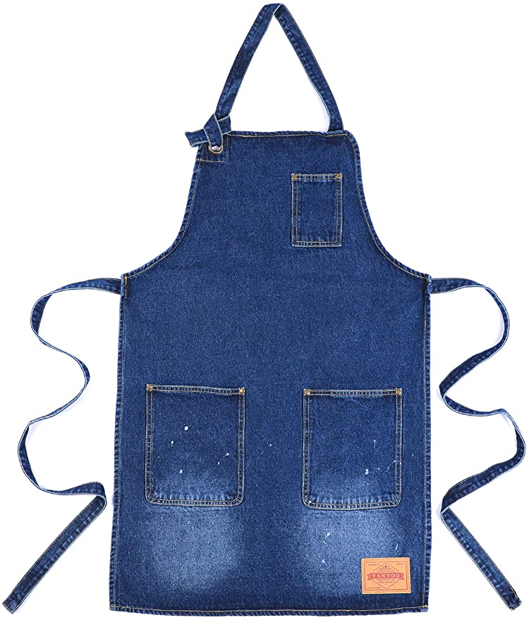 VANTOO Art Apron with Pockets and Adjustable Neck Strap,Denim Kitchen Apron for Men Women (Blue)