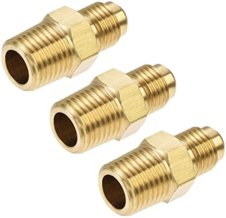 uxcell Brass Pipe fitting, 1/4 SAE Flare to 1/4NPT Male Thread, Tubing Adapter Hose Connector, for Air Conditioner Refrigeration, 3Pcs