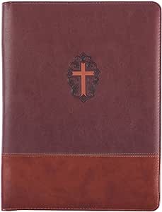 Christian Art Gifts John 3:16 Cross Two-Tone Zippered Brown Faux Leather Padfolio/Portfolio Folder Notepad with Single Pen with Highlighter Tip for Notes