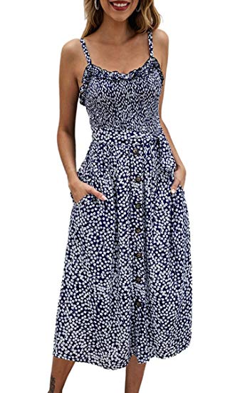 Angashion Women's Dresses - Summer Boho Floral Spaghetti Strap Button Down Belt Swing A line Midi Dress with Pockets