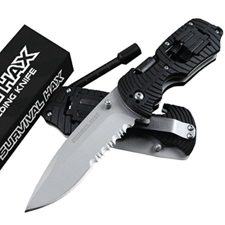 Survival Folding Knife - Multitool - includes Flathead and Phillips Screwdriver - Serrated Edge for Hunting and Tactical Use (Black)
