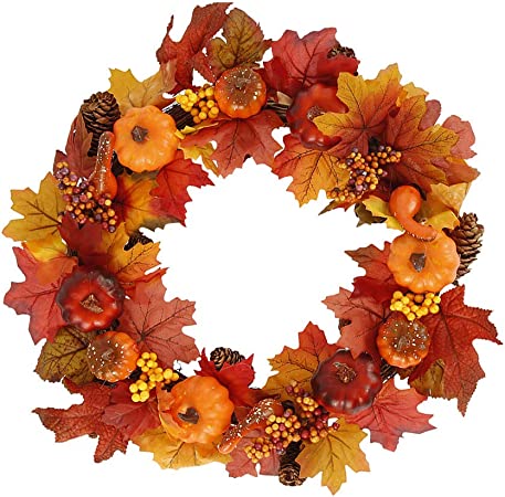 18Inch Fall Wreath Artificial Autumn Pumpkin Wreath Maple Leaf Wreath Fall Garland for Christmas Harvest Thanksgiving Door Front Door Decorations (Style A)