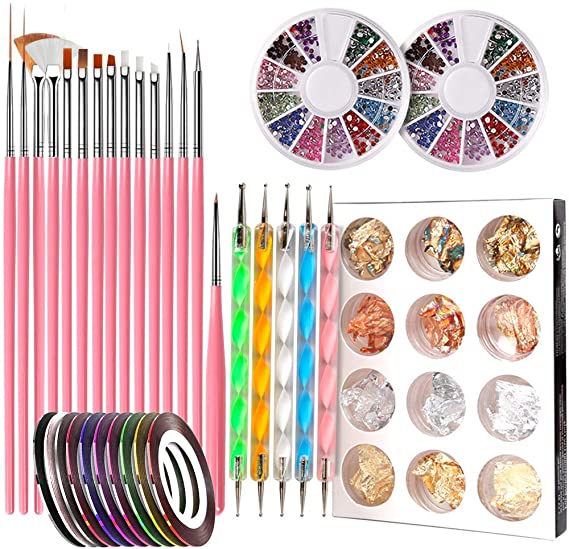 Nail Pen Designer, VASLON Stamp Nail Art Tool with 15pcs Nail Painting Brushes, Nail Dotting Tool, Nail Foil, Manicure Tape, Color Rhinestones for Nails