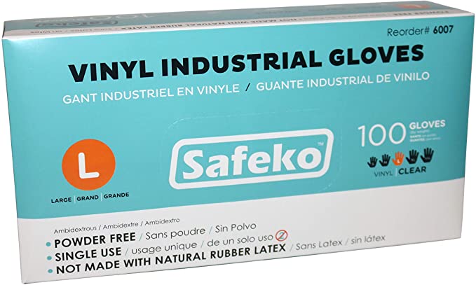 Safeko Vinyl Powder Free, Disposable Gloves - Latex Free, Large, Box of 100 Gloves, Clear