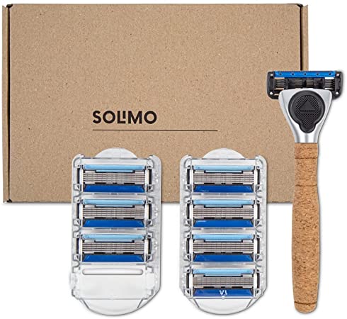 Amazon Brand - Solimo Men 5-Blade Razor with Cork Handle and 8 Refills