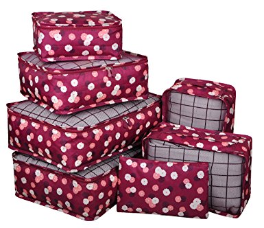 Vercord 7 Set Travel Packing Organizers Cubes Mesh Luggage Cloth Bag Cubes With Bra/Underwear Cube and Shoe Pouch