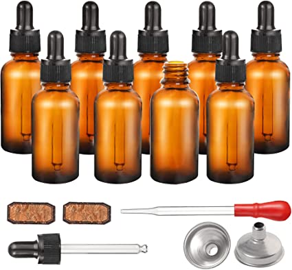 12 Pack，1 OZ Glass Dorpper Bottles，with Glass Eye Droppers and 3 Pcs Stainless Steel Mini Funnels for Miniature Bottles,Amber Glass Bottle for Essential Oils