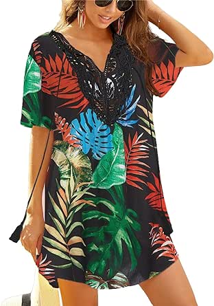 Ekouaer Swimsuit Cover Ups Women Lace Crochet V-Neck Bikini Summer Beach Coverups Dress for Swimwear Bathing Suit