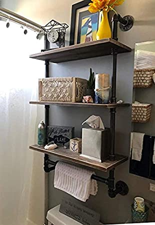 Industrial Pipe Shelf,Rustic Wall Shelf with Towel Bar,24" Towel Racks for Bathroom,Pipe Shelves Wood Shelf Shelving (3-Layer)