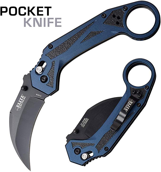 Elite Tactical - Black Folding Pocket Knife - Hawkbill Blade with Aluminum Handle